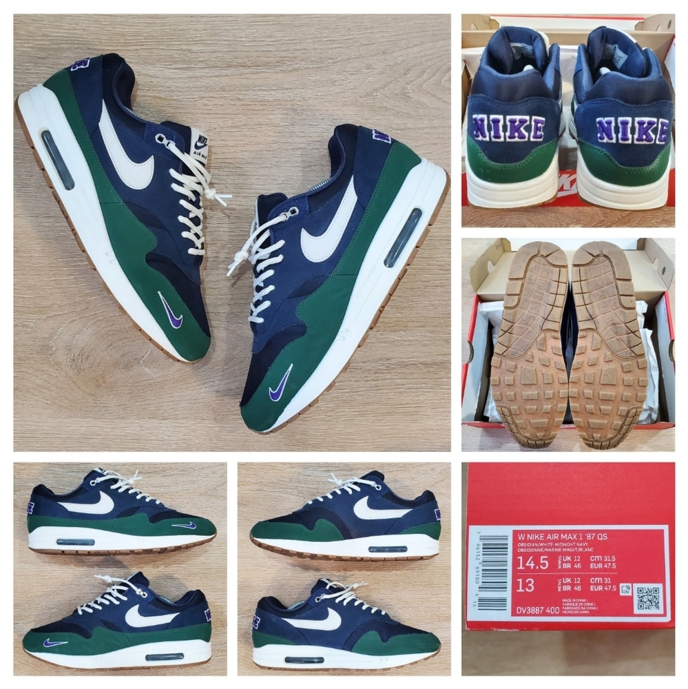 Size 13M/14.5W Air Max 1 QS 'Letterman Pack' 2022 Obsidian/Green DV3887-400 EUC